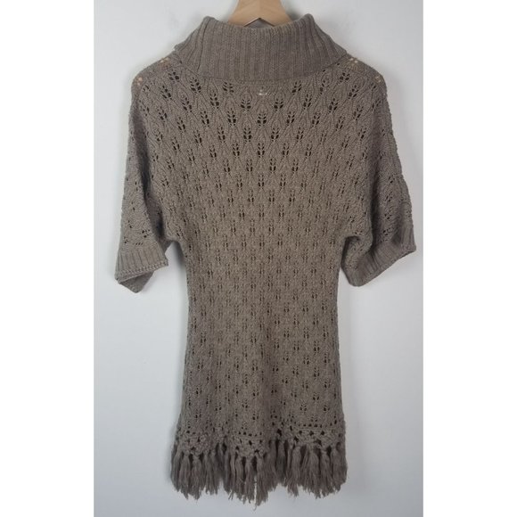 Kenar Women's Sz. M Tan Wool Blend Cowl Neck Short Sleeve Fringe Detail Sweater - Picture 6 of 8